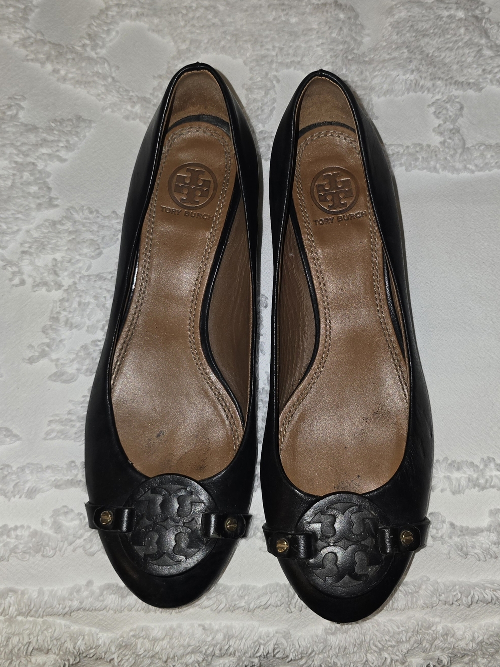Tory Burch Black Leather Logo Round-Toe Wedge